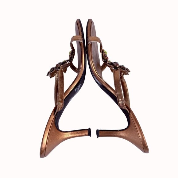 Bronze Strappy Sandals Peacock Rhinestone Accents Kitten Heels Size 8 By MixIt - Picture 4 of 14